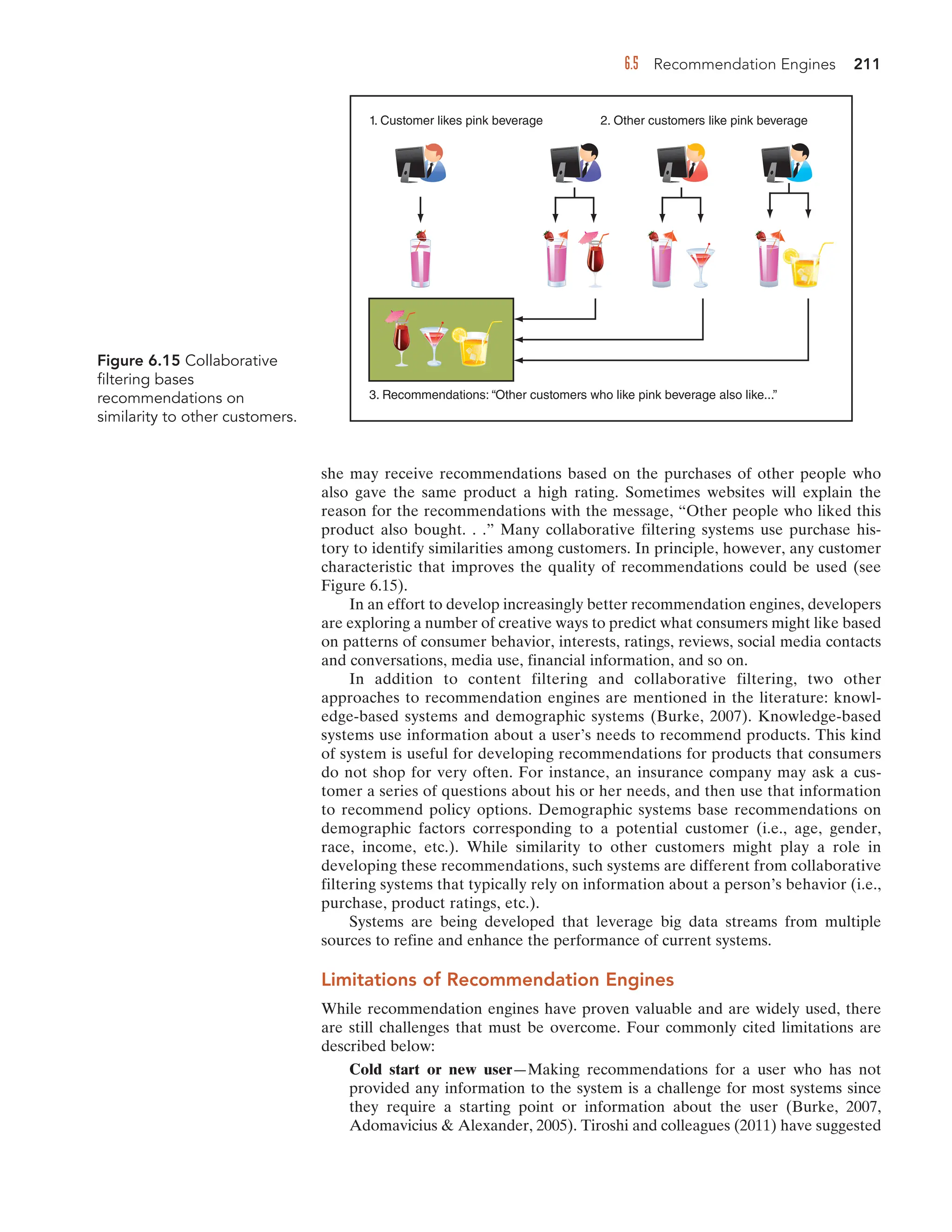 6.5 Recommendation Engines 211
she may receive recommendations based on the purchases of other people who
also gave the same product a high rating. Sometimes websites will explain the
reason for the recommendations with the message, “Other people who liked this
product also bought. . .” Many collaborative filtering systems use purchase his-
tory to identify similarities among customers. In principle, however, any customer
characteristic that improves the quality of recommendations could be used (see
Figure 6.15).
In an effort to develop increasingly better recommendation engines, developers
are exploring a number of creative ways to predict what consumers might like based
on patterns of consumer behavior, interests, ratings, reviews, social media contacts
and conversations, media use, financial information, and so on.
In addition to content filtering and collaborative filtering, two other
approaches to recommendation engines are mentioned in the literature: knowl-
edge-based systems and demographic systems (Burke, 2007). Knowledge-based
systems use information about a user’s needs to recommend products. This kind
of system is useful for developing recommendations for products that consumers
do not shop for very often. For instance, an insurance company may ask a cus-
tomer a series of questions about his or her needs, and then use that information
to recommend policy options. Demographic systems base recommendations on
demographic factors corresponding to a potential customer (i.e., age, gender,
race, income, etc.). While similarity to other customers might play a role in
developing these recommendations, such systems are different from collaborative
filtering systems that typically rely on information about a person’s behavior (i.e.,
purchase, product ratings, etc.).
Systems are being developed that leverage big data streams from multiple
sources to refine and enhance the performance of current systems.
Limitations of Recommendation Engines
While recommendation engines have proven valuable and are widely used, there
are still challenges that must be overcome. Four commonly cited limitations are
described below:
Cold start or new user—Making recommendations for a user who has not
provided any information to the system is a challenge for most systems since
they require a starting point or information about the user (Burke, 2007,
Adomavicius  Alexander, 2005). Tiroshi and colleagues (2011) have suggested
3. Recommendations: “Other customers who like pink beverage also like...”
1. Customer likes pink beverage 2. Other customers like pink beverage
Figure 6.15 Collaborative
filtering bases
recommendations on
similarity to other customers.
 