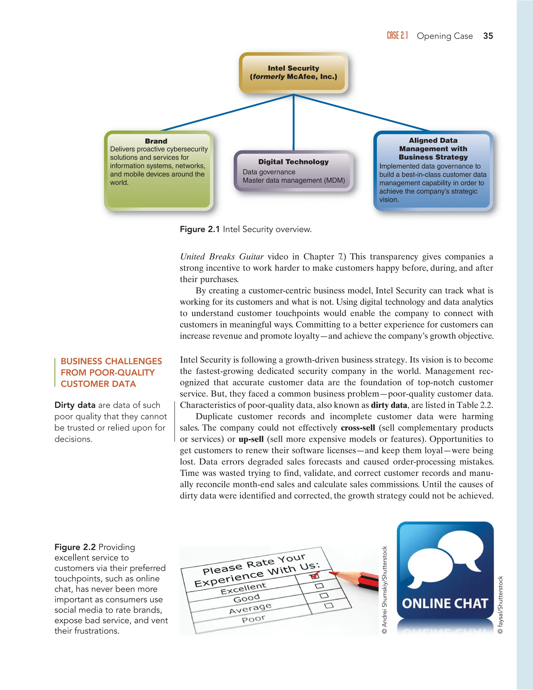 CASE 2.1 Opening Case 35
BUSINESS CHALLENGES
FROM POOR-QUALITY
CUSTOMER DATA
Intel Security is following a growth-driven business strategy. Its vision is to become
the fastest-growing dedicated security company in the world. Management rec-
ognized that accurate customer data are the foundation of top-notch customer
service. But, they faced a common business problem—poor-quality customer data.
Characteristics of poor-quality data, also known as dirty data, are listed in Table 2.2.
Duplicate customer records and incomplete customer data were harming
sales. The company could not effectively cross-sell (sell complementary products
or services) or up-sell (sell more expensive models or features). Opportunities to
get customers to renew their software licenses—and keep them loyal—were being
lost. Data errors degraded sales forecasts and caused order-processing mistakes.
Time was wasted trying to find, validate, and correct customer records and manu-
ally reconcile month-end sales and calculate sales commissions. Until the causes of
dirty data were identified and corrected, the growth strategy could not be achieved.
Dirty data are data of such
poor quality that they cannot
be trusted or relied upon for
decisions.
Figure 2.2 Providing
excellent service to
customers via their preferred
touchpoints, such as online
chat, has never been more
important as consumers use
social media to rate brands,
expose bad service, and vent
their frustrations.
Intel Security
(formerly McAfee, Inc.)
Data governance
Master data management (MDM)
Digital Technology
Delivers proactive cybersecurity
solutions and services for
information systems, networks,
and mobile devices around the
world.
Brand Aligned Data
Management with
Business Strategy
Implemented data governance to
build a best-in-class customer data
management capability in order to
achieve the company’s strategic
vision.
Figure 2.1 Intel Security overview.
United Breaks Guitar video in Chapter 7.) This transparency gives companies a
strong incentive to work harder to make customers happy before, during, and after
their purchases.
By creating a customer-centric business model, Intel Security can track what is
working for its customers and what is not. Using digital technology and data analytics
to understand customer touchpoints would enable the company to connect with
customers in meaningful ways. Committing to a better experience for customers can
increase revenue and promote loyalty—and achieve the company’s growth objective.
©
Andrei
Shumskiy/Shutterstock
©
faysal/Shutterstock
 