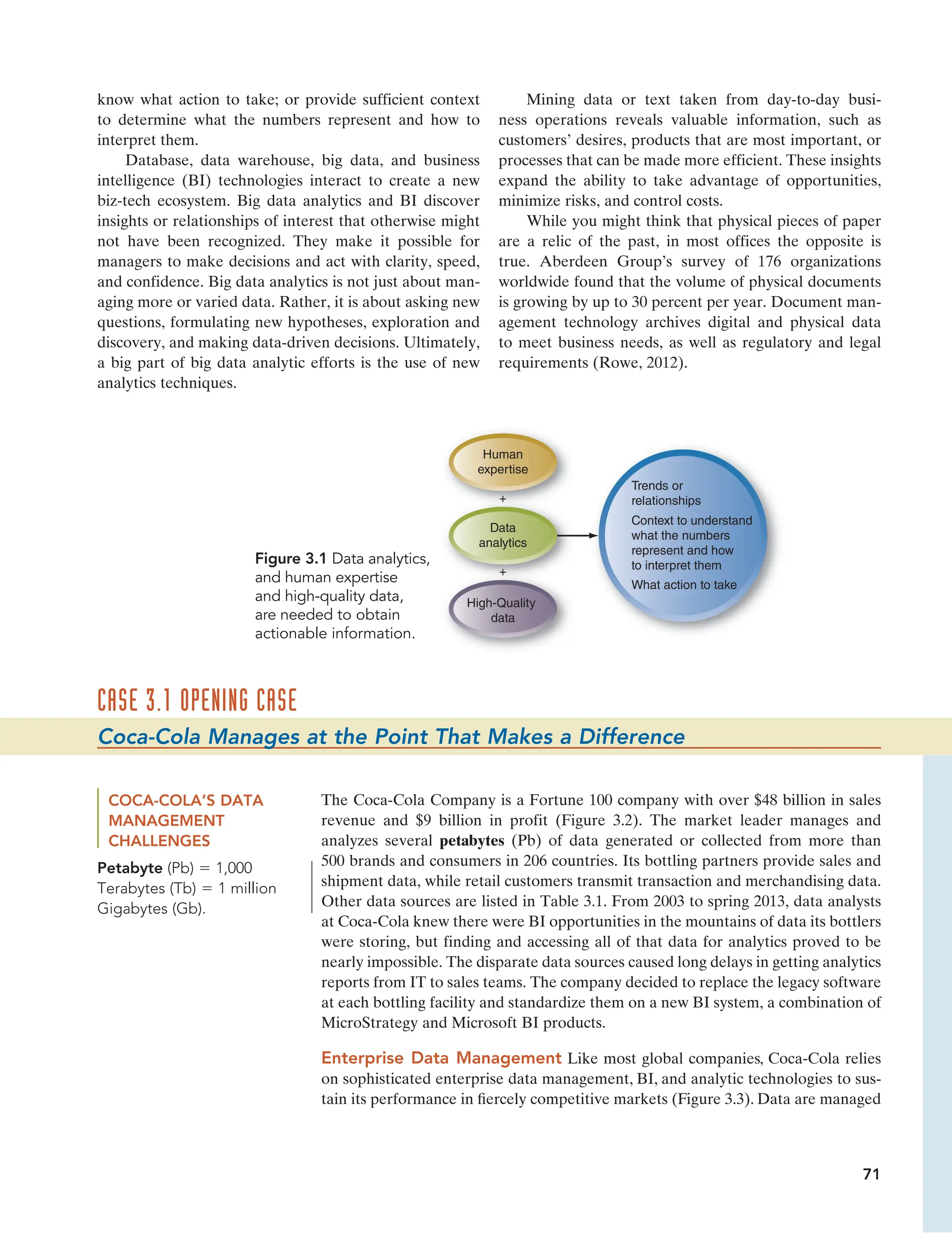 71
know what action to take; or provide sufficient context
to determine what the numbers represent and how to
interpret them.
Database, data warehouse, big data, and business
intelligence (BI) technologies interact to create a new
biz-tech ecosystem. Big data analytics and BI discover
insights or relationships of interest that otherwise might
not have been recognized. They make it possible for
managers to make decisions and act with clarity, speed,
and confidence. Big data analytics is not just about man-
aging more or varied data. Rather, it is about asking new
questions, formulating new hypotheses, exploration and
discovery, and making data-driven decisions. Ultimately,
a big part of big data analytic efforts is the use of new
analytics techniques.
Mining data or text taken from day-to-day busi-
ness operations reveals valuable information, such as
customers’ desires, products that are most important, or
processes that can be made more efficient. These insights
expand the ability to take advantage of opportunities,
minimize risks, and control costs.
While you might think that physical pieces of paper
are a relic of the past, in most offices the opposite is
true. Aberdeen Group’s survey of 176 organizations
worldwide found that the volume of physical documents
is growing by up to 30 percent per year. Document man-
agement technology archives digital and physical data
to meet business needs, as well as regulatory and legal
requirements (Rowe, 2012).
CASE 3.1 OPENING CASE
Coca-Cola Manages at the Point That Makes a Difference
COCA-COLA’S DATA
MANAGEMENT
CHALLENGES
The Coca-Cola Company is a Fortune 100 company with over $48 billion in sales
revenue and $9 billion in profit (Figure 3.2). The market leader manages and
analyzes several petabytes (Pb) of data generated or collected from more than
500 brands and consumers in 206 countries. Its bottling partners provide sales and
shipment data, while retail customers transmit transaction and merchandising data.
Other data sources are listed in Table 3.1. From 2003 to spring 2013, data analysts
at Coca-Cola knew there were BI opportunities in the mountains of data its bottlers
were storing, but finding and accessing all of that data for analytics proved to be
nearly impossible. The disparate data sources caused long delays in getting analytics
reports from IT to sales teams. The company decided to replace the legacy software
at each bottling facility and standardize them on a new BI system, a combination of
MicroStrategy and Microsoft BI products.
Enterprise Data Management Like most global companies, Coca-Cola relies
on sophisticated enterprise data management, BI, and analytic technologies to sus-
tain its performance in fiercely competitive markets (Figure 3.3). Data are managed
Petabyte (Pb) 1,000
Terabytes (Tb) 1 million
Gigabytes (Gb).
Human
expertise
Data
analytics
High-Quality
data
Trends or
relationships
Context to understand
what the numbers
represent and how
to interpret them
What action to take
+
+
Figure 3.1 Data analytics,
and human expertise
and high-quality data,
are needed to obtain
actionable information.
 