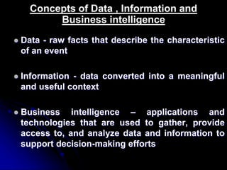 Concepts of Data , Information and 
Business intelligence 
 Data - raw facts that describe the characteristic 
of an event 
 Information - data converted into a meaningful 
and useful context 
 Business intelligence – applications and 
technologies that are used to gather, provide 
access to, and analyze data and information to 
support decision-making efforts 
 
