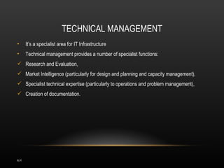 TECHNICAL MANAGEMENT
•     It’s a specialist area for IT Infrastructure
•     Technical management provides a number of specialist functions:
 Research and Evaluation,
 Market Intelligence (particularly for design and planning and capacity management),
 Specialist technical expertise (particularly to operations and problem management),
 Creation of documentation.




A.H
 