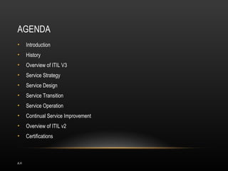 AGENDA
•     Introduction
•     History
•     Overview of ITIL V3
•     Service Strategy
•     Service Design
•     Service Transition
•     Service Operation
•     Continual Service Improvement
•     Overview of ITIL v2
•     Certifications



A.H
 