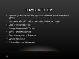 SERVICE STRATEGY
•     It provides guidance on clarification & prioritization of service provider investments in
      Services
•     It focuses on helping IT organizations improve & develop over long term.
•     List of covered processes are :
•     Strategy Management of IT Services
•     Service Portfolio Management
•     Financial Management of IT Services
•     Demand Management
•     Business Relationship Management




A.H
 