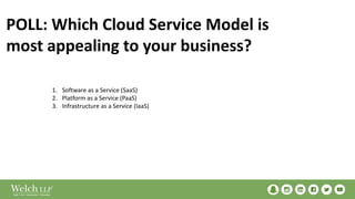 POLL: Which Cloud Service Model is
most appealing to your business?
1. Software as a Service (SaaS)
2. Platform as a Service (PaaS)
3. Infrastructure as a Service (IaaS)
 
