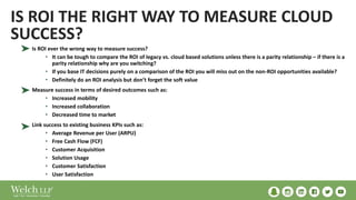 IS ROI THE RIGHT WAY TO MEASURE CLOUD
SUCCESS?
Is ROI ever the wrong way to measure success?
• It can be tough to compare the ROI of legacy vs. cloud based solutions unless there is a parity relationship – if there is a
parity relationship why are you switching?
• If you base IT decisions purely on a comparison of the ROI you will miss out on the non-ROI opportunities available?
• Definitely do an ROI analysis but don’t forget the soft value
Measure success in terms of desired outcomes such as:
• Increased mobility
• Increased collaboration
• Decreased time to market
Link success to existing business KPIs such as:
• Average Revenue per User (ARPU)
• Free Cash Flow (FCF)
• Customer Acquisition
• Solution Usage
• Customer Satisfaction
• User Satisfaction
 