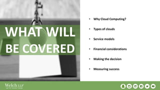 • Why Cloud Computing?
• Types of clouds
• Service models
• Financial considerations
• Making the decision
• Measuring success
WHAT WILL
BE COVERED
 