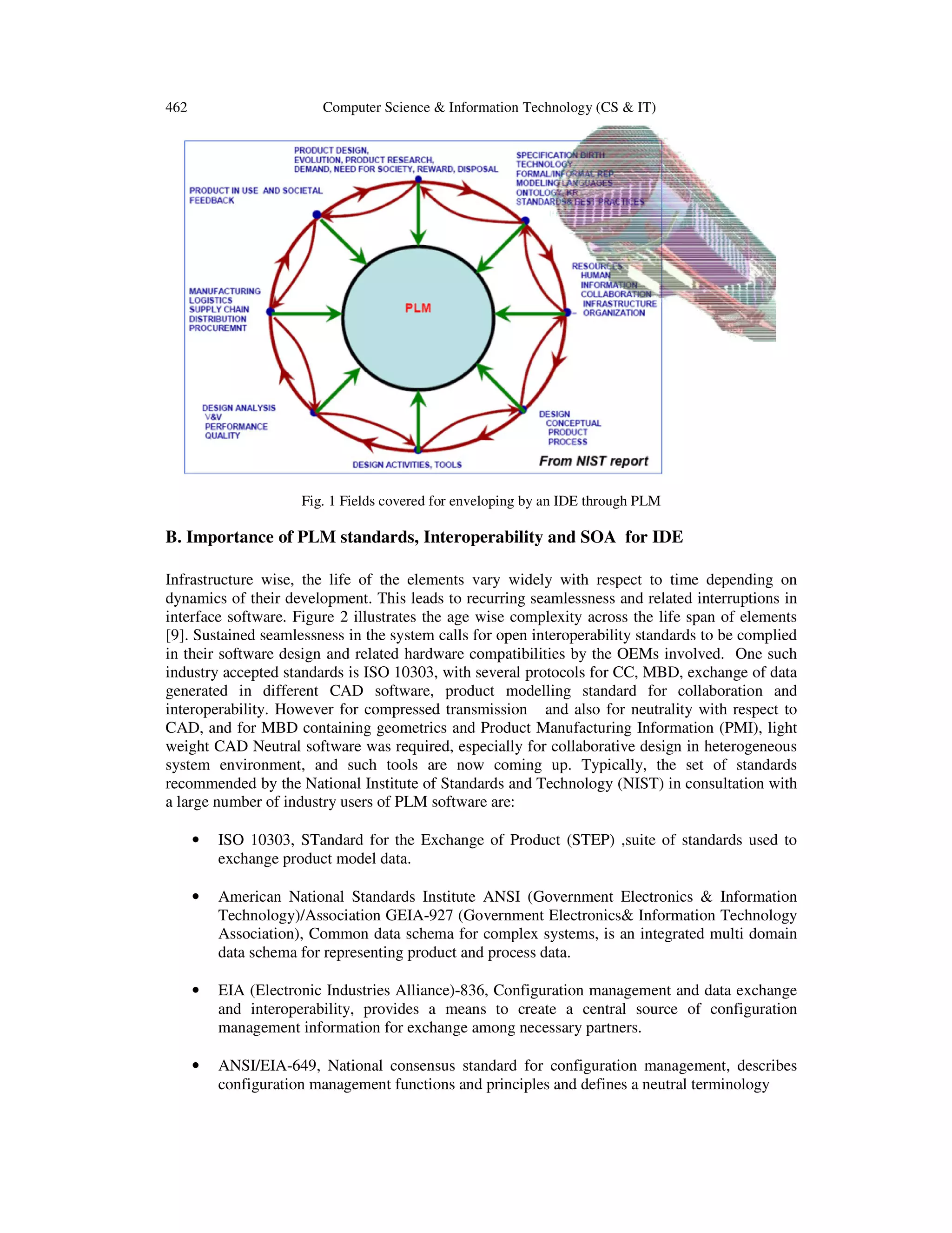 462 Computer Science & Information Technology (CS & IT)
Fig. 1 Fields covered for enveloping by an IDE through PLM
B. Importance of PLM standards, Interoperability and SOA for IDE
Infrastructure wise, the life of the elements vary widely with respect to time depending on
dynamics of their development. This leads to recurring seamlessness and related interruptions in
interface software. Figure 2 illustrates the age wise complexity across the life span of elements
[9]. Sustained seamlessness in the system calls for open interoperability standards to be complied
in their software design and related hardware compatibilities by the OEMs involved. One such
industry accepted standards is ISO 10303, with several protocols for CC, MBD, exchange of data
generated in different CAD software, product modelling standard for collaboration and
interoperability. However for compressed transmission and also for neutrality with respect to
CAD, and for MBD containing geometrics and Product Manufacturing Information (PMI), light
weight CAD Neutral software was required, especially for collaborative design in heterogeneous
system environment, and such tools are now coming up. Typically, the set of standards
recommended by the National Institute of Standards and Technology (NIST) in consultation with
a large number of industry users of PLM software are:
• ISO 10303, STandard for the Exchange of Product (STEP) ,suite of standards used to
exchange product model data.
• American National Standards Institute ANSI (Government Electronics & Information
Technology)/Association GEIA-927 (Government Electronics& Information Technology
Association), Common data schema for complex systems, is an integrated multi domain
data schema for representing product and process data.
• EIA (Electronic Industries Alliance)-836, Configuration management and data exchange
and interoperability, provides a means to create a central source of configuration
management information for exchange among necessary partners.
• ANSI/EIA-649, National consensus standard for configuration management, describes
configuration management functions and principles and defines a neutral terminology
 