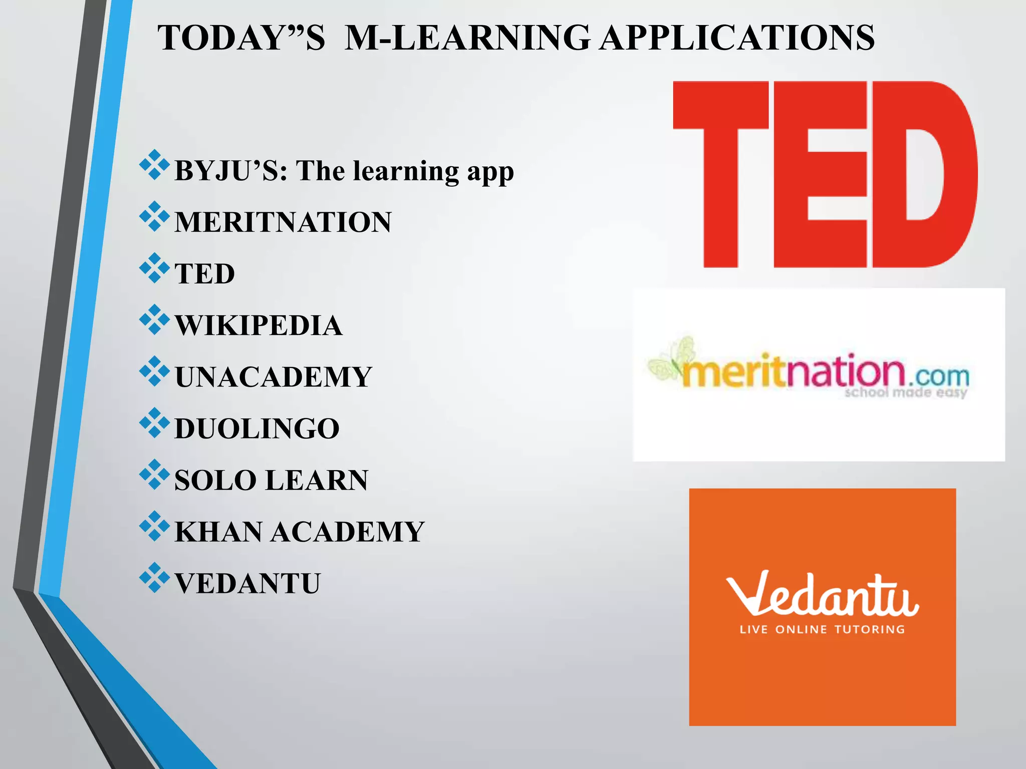 TODAY”S M-LEARNING APPLICATIONS
BYJU’S: The learning app
MERITNATION
TED
WIKIPEDIA
UNACADEMY
DUOLINGO
SOLO LEARN
KHAN ACADEMY
VEDANTU
 