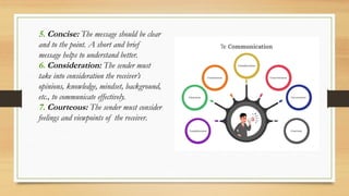 5. Concise: The message should be clear
and to the point. A short and brief
message helps to understand better.
6. Consideration: The sender must
take into consideration the receiver’s
opinions, knowledge, mindset, background,
etc., to communicate effectively.
7. Courteous: The sender must consider
feelings and viewpoints of the receiver.
 