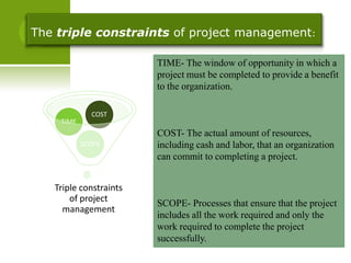 The triple constraints of project management:

                        TIME- The window of opportunity in which a
                        project must be completed to provide a benefit
                        to the organization.

             COST
    TIME
                        COST- The actual amount of resources,
           SCOPE        including cash and labor, that an organization
                        can commit to completing a project.


   Triple constraints
       of project       SCOPE- Processes that ensure that the project
     management
                        includes all the work required and only the
                        work required to complete the project
                        successfully.
 