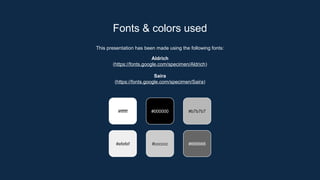 This presentation has been made using the following fonts:
Aldrich
(https://fonts.google.com/specimen/Aldrich)
Saira
(https://fonts.google.com/specimen/Saira)
Fonts & colors used
#ffffff #000000 #b7b7b7
#efefef #666666
#cccccc
 