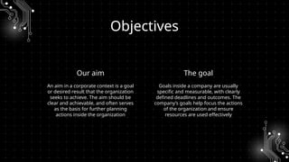 Objectives
Our aim The goal
An aim in a corporate context is a goal
or desired result that the organization
seeks to achieve. The aim should be
clear and achievable, and often serves
as the basis for further planning
actions inside the organization
Goals inside a company are usually
specific and measurable, with clearly
defined deadlines and outcomes. The
company’s goals help focus the actions
of the organization and ensure
resources are used effectively
 