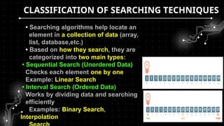 CLASSIFICATION OF SEARCHING TECHNIQUES
• • Searching algorithms help locate an
• element in a collection of data (array,
• list, database,etc.)
• • Based on how they search, they are
• categorized into two main types:
• Sequential Search (Unordered Data)
Checks each element one by one
Example: Linear Search
• Interval Search (Ordered Data)
Works by dividing data and searching
efficiently
• Examples: Binary Search,
Interpolation
 