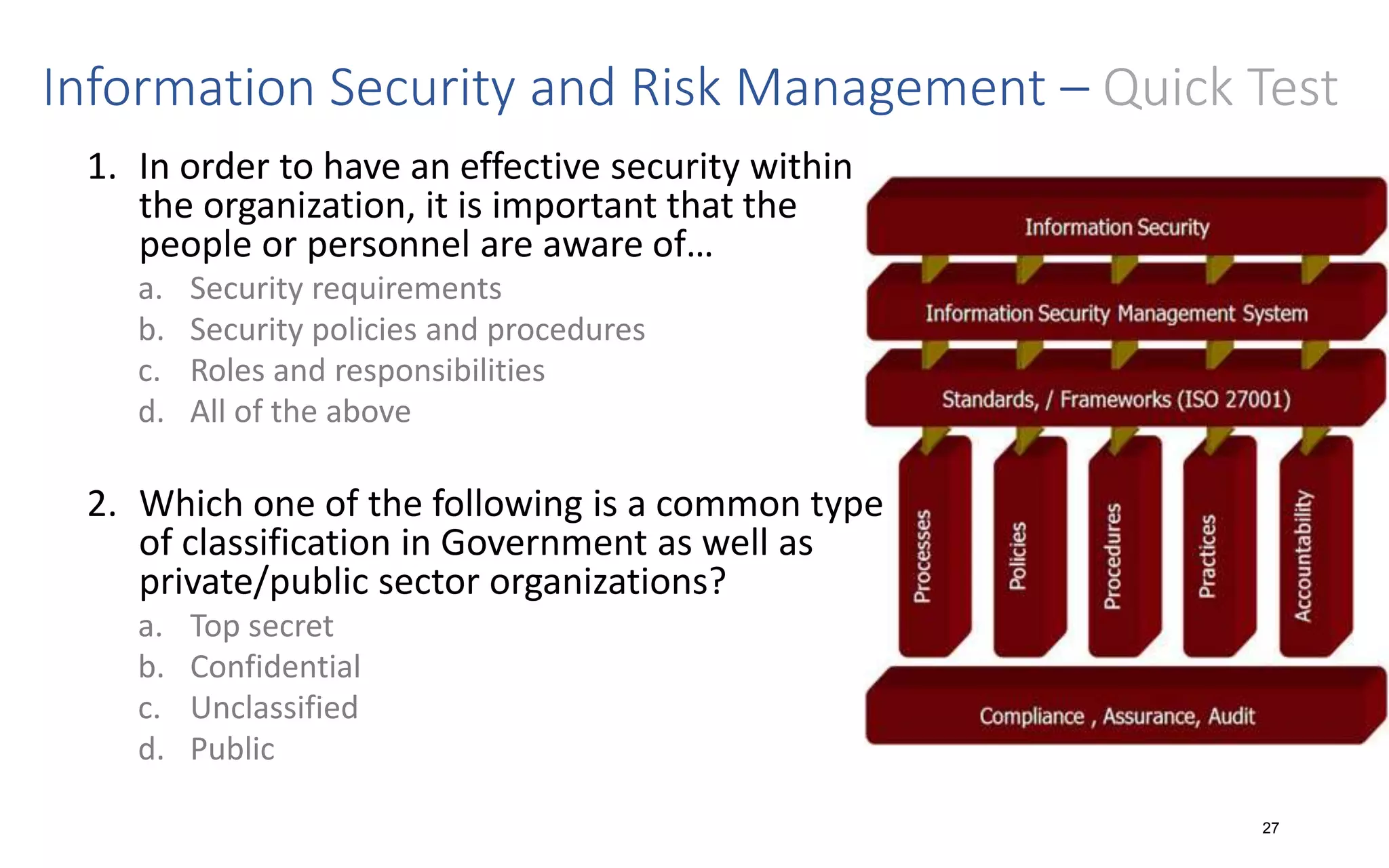 Information Security and Risk Management – Quick Test
1. In order to have an effective security within
the organization, it is important that the
people or personnel are aware of…
a. Security requirements
b. Security policies and procedures
c. Roles and responsibilities
d. All of the above
2. Which one of the following is a common type
of classification in Government as well as
private/public sector organizations?
a. Top secret
b. Confidential
c. Unclassified
d. Public
27
 