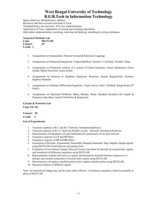 West Bengal University of Technology 
B.E/B.Tech in Information Technology 
Sparse Matrices: Multiplication, addition. 
Recursive and Non-recursive traversal of Trees 
Threaded binary tree traversal. AVL tree implementation. 
Application of Trees, Application of sorting and searching algorithms 
Hash tables implementation: searching, inserting and deleting, searching & sorting techniques. 
11 
Numerical Methods Lab 
Code: M(CS) 382 
Contact: 3P 
Credit: 2 
1. Assignments on Interpolation: Newton forward & backward, Lagrange. 
2. Assignments on Numerical Integration: Trapezoidal Rule, Simson’s 1/3rd Rule, Weddle’s Rule. 
3. Assignments on Numerical solution of a system of Linear Equations: Gauss elimination, Gauss 
Jordan, Matrix Inversion, Gauss Seidel. 
4. Assignments on Solution of Algebraic Equations: Bisection, Secant, Regula-Falsi, Newton- 
Raphson Methods. 
5. Assignments on Ordinary Differential Equations: Taylor Series, Euler’s Method, Runge-Kutta (4th 
Order). 
6. Assignments on Statistical Problems: Mean, Median, Mode, Standard deviation (for simple & 
frequency type data), Linear Correlation & Regression. 
Circuits & Networks Lab 
Code: EE 391 
Contact: 3P 
Credit: 2 
List of Experiments: 
1. Transient response in R-L and R-C Network: Simulation/hardware 
2. Transient response in R-L-C Series & Parallel circuits Network: Simulation/hardware 
3. Determination of Impedance (Z) and Admittance(Y) parameters of two port network 
4. Frequency response of LP and HP filters 
5. Frequency response of BP and BR filters 
6. Generation of Periodic, Exponential, Sinusoidal, Damped sinusoidal, Step, Impulse, Ramp signals 
using MATLAB in both discrete and analog form 
7. Evaluation of convolution integral, Discrete Fourier transform for periodic & non-periodic signals 
and simulation of difference equations using MATLAB 
8. Representation of poles and zeros in z-plane, determination of partial fraction expansion in z-domain 
and cascade connection of second order system using MATLAB 
9. Determination of Laplace transform and inverse Laplace transformation using MATLAB 
10. Spectrum analysis of different signals 
Note: An Institution/College may opt for some other software or hardware simulation wherever possible in 
place of MATLAB 
 