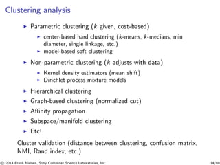 Clustering analysis
◮ Parametric clustering (k given, cost-based)
◮ center-based hard clustering (k-means, k-medians, min
diameter, single linkage, etc.)
◮ model-based soft clustering
◮ Non-parametric clustering (k adjusts with data)
◮ Kernel density estimators (mean shift)
◮ Dirichlet process mixture models
◮ Hierarchical clustering
◮ Graph-based clustering (normalized cut)
◮ Aﬃnity propagation
◮ Subspace/manifold clustering
◮ Etc!
Cluster validation (distance between clustering, confusion matrix,
NMI, Rand index, etc.)
c 2014 Frank Nielsen, Sony Computer Science Laboratories, Inc. 14/68
 