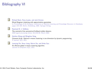 Bibliography VI
Richard Nock, Panu Luosto, and Jyrki Kivinen.
Mixed Bregman clustering with approximation guarantees.
In Proceedings of the European conference on Machine Learning and Knowledge Discovery in Databases,
pages 154–169, Berlin, Heidelberg, 2008. Springer-Verlag.
Raymond N. J. Veldhuis.
The centroid of the symmetrical Kullback-Leibler distance.
IEEE signal processing letters, 9(3):96–99, March 2002.
Haizhou Wang and Mingzhou Song.
Ckmeans.1d.dp: Optimal k-means clustering in one dimension by dynamic programming.
R Journal, 3(2), 2011.
Juanying Xie, Shuai Jiang, Weixin Xie, and Xinbo Gao.
An eﬃcient global k-means clustering algorithm.
Journal of computers, 6(2), 2011.
c 2014 Frank Nielsen, Sony Computer Science Laboratories, Inc. 68/68
 