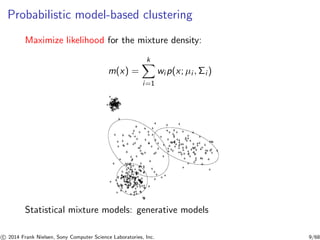 Probabilistic model-based clustering
Maximize likelihood for the mixture density:
m(x) =
k
i=1
wi p(x; µi , Σi )
Statistical mixture models: generative models
c 2014 Frank Nielsen, Sony Computer Science Laboratories, Inc. 9/68
 