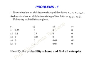 PROBLEMS - 1
1. Transmitter has an alphabet consisting of five letters x1, x2, x3, x4 , x5
And receiver has an alphabet consisting of four letters - y1, y2, y3, y4 .
Following probabilities are given.
y1 y2 y3 y 4
x1 0.25 0 0 0
x2 0.1 0.3 0 0
x3 0 0.05 0.1 0
x4 0 0 0.05 0.1
x5 0 0 0.05 0
Identify the probability scheme and find all entropies.
 