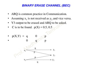 BINARY ERASE CHANNEL (BEC)
• ARQ is common practice in Communication.
• Assuming x1 is not received as y2 and vice versa.
• Y3 output to be erased and ARQ to be asked.
• C is to be found. p(X) = 0.5, 0.5
• p(X,Y) = q 0 p
• 0 q p
q
q
p
p
y2x2
y1x1
y3
 