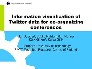 Information visualization of
Twitter data for co-organizing
conferences
Jari Jussila1, Jukka Huhtamäki1, Hannu
Kärkkäinen1, Kaisa Still2
1 Tampere

University of Technology
2 VTT Technical Research Centre of Finland

 