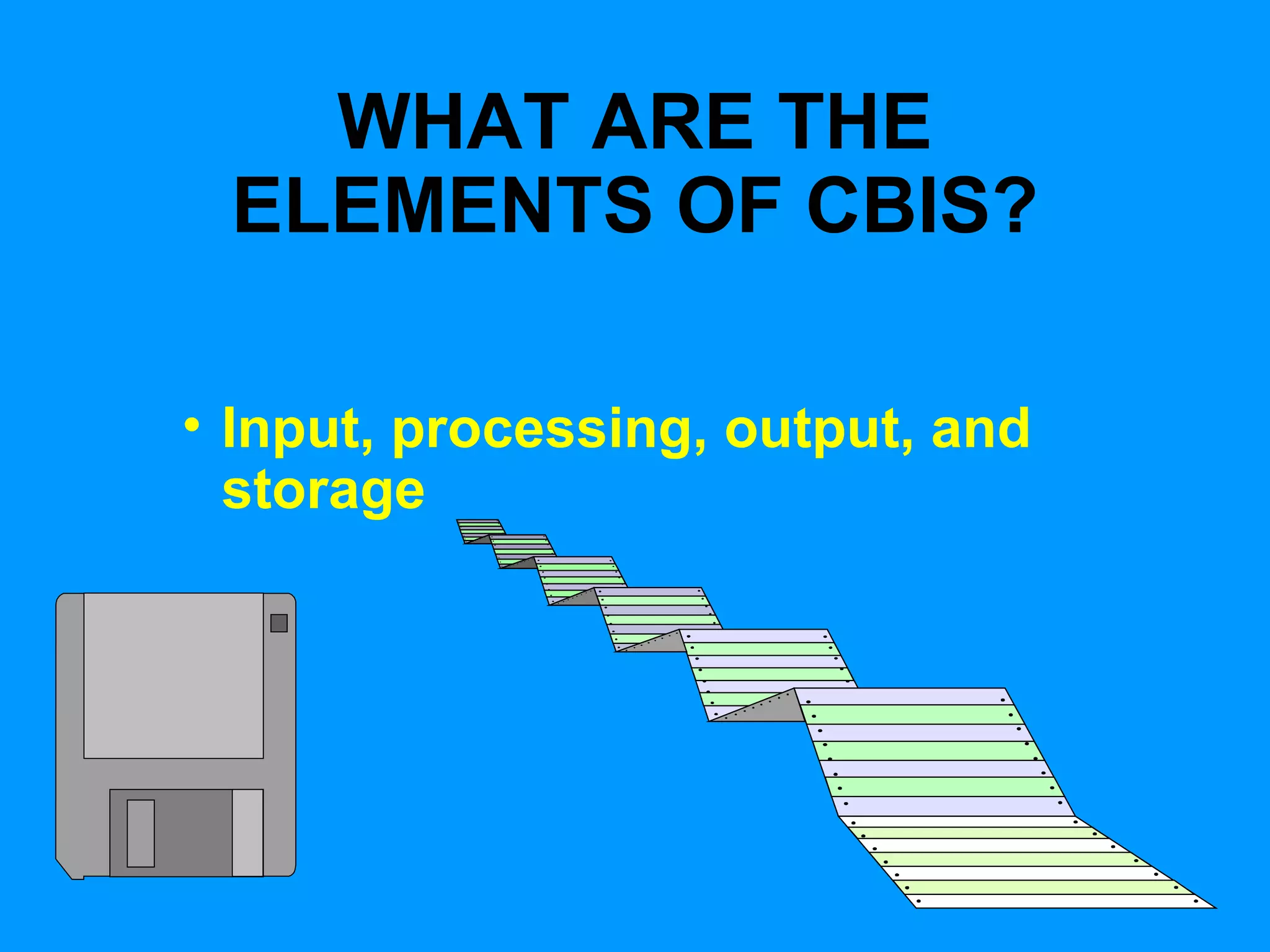 WHAT ARE THE ELEMENTS OF CBIS? Input, processing, output, and storage 