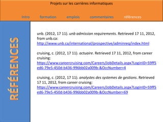 Projets sur les carrières informatiques


Intro    formation        emplois       commentaires         références



        unb. (2012, 17 11). unb admission requirements. Retrieved 17 11, 2012,
        from unb.ca:
        http://www.unb.ca/international/prospective/adminreq/index.html

        cruising, c. (2012, 17 11). actuaire. Retrieved 17 11, 2012, from career
        cruising:
        https://www.careercruising.com/Careers/JobDetails.aspx?LoginID=59ff5
        ed6-79e5-450d-b436-996bb02a009b-&OccNumber=4

        cruising, c. (2012, 17 11). analystes des systemes de gestions. Retrieved
        17 11, 2012, from career cruising:
        https://www.careercruising.com/Careers/JobDetails.aspx?LoginID=59ff5
        ed6-79e5-450d-b436-996bb02a009b-&OccNumber=69
 