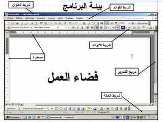 111111
‫البرنامج‬ ‫بيئـة‬‫البرنامج‬ ‫بيئـة‬‫العنوان‬ ‫شريط‬
‫التمرير‬ ‫مربع‬
‫الدوات‬ ‫شريط‬
‫الحالة‬ ‫شريط‬
‫العمل‬ ‫فضاء‬‫العمل‬ ‫فضاء‬
‫مسطرة‬
‫القوائم‬ ‫شريط‬
 