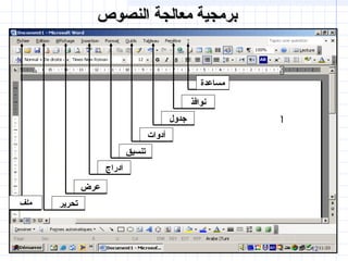 1212
‫النصوص‬ ‫معالجة‬ ‫برمجية‬‫النصوص‬ ‫معالجة‬ ‫برمجية‬
‫ملف‬ ‫تحرير‬
‫عرض‬
‫ادراج‬
‫تنسيق‬
‫أدوات‬
‫جدول‬
‫نوافذ‬
‫مساعدة‬
 