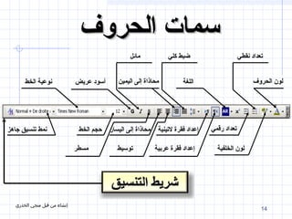 ‫اللغة‬‫اليمين‬ ‫إلى‬ ‫محاذاة‬ ‫الحروف‬ ‫لون‬‫عريض‬ ‫أسود‬‫الخط‬ ‫نوعية‬
‫الخلفية‬ ‫لون‬
‫لتينية‬ ‫فقرة‬ ‫إعداد‬‫اليسار‬ ‫إلى‬ ‫محاذاة‬‫الخط‬ ‫حجم‬‫جاهز‬ ‫تنسيق‬ ‫نمط‬
‫عربية‬ ‫فقرة‬ ‫إعداد‬‫توسيط‬‫مسطر‬
‫نقطي‬ ‫تعداد‬
‫رقمي‬ ‫تعداد‬
‫كلي‬ ‫ضبط‬‫مائل‬
‫الحروف‬ ‫سمات‬‫الحروف‬ ‫سمات‬
14
‫الخذري‬ ‫منجي‬ ‫قبل‬ ‫من‬ ‫إنشاء‬
 