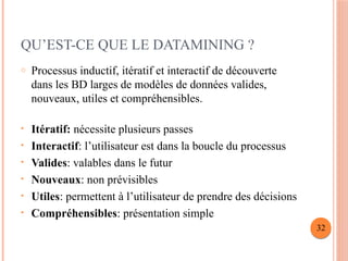 QU’EST-CE QUE LE DATAMINING ?
o Processus inductif, itératif et interactif de découverte
dans les BD larges de modèles de données valides,
nouveaux, utiles et compréhensibles.
• Itératif: nécessite plusieurs passes
• Interactif: l’utilisateur est dans la boucle du processus
• Valides: valables dans le futur
• Nouveaux: non prévisibles
• Utiles: permettent à l’utilisateur de prendre des décisions
• Compréhensibles: présentation simple
32
 