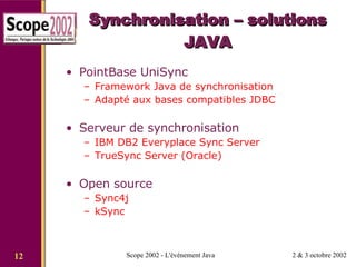 Synchronisation – solutions JAVA PointBase UniSync Framework Java de synchronisation Adapté aux bases compatibles JDBC Serveur de synchronisation  IBM DB2 Everyplace Sync Server TrueSync Server (Oracle) Open source Sync4j kSync 
