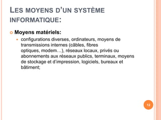 Les moyensd’unsystèmeinformatique:Moyensmatériels:configurationsdiverses, ordinateurs, moyens de transmissions internes (câbles, fibresoptiques, modem…), réseauxlocaux, privésouabonnementsauxréseauxpublics, terminaux, moyens de stockage et d’impression, logiciels, bureaux et bâtiment;12