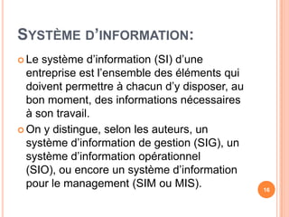 Systèmed’information:Le systèmed’information (SI) d’uneentrepriseestl’ensemble des élémentsquidoiventpermettre à chacund’ydisposer, au bon moment, des informationsnécessaires à son travail.On y distingue, selon les auteurs, un systèmed’information de gestion (SIG), un systèmed’informationopérationnel (SIO), ouencore un systèmed’informationpour le management (SIM ou MIS).16
