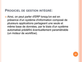 Progiciel de gestionintégré:Ainsi, onpeutparlerd'ERPlorsqu'onest en présenced'unsystèmed'informationcomposé de plusieursapplicationspartageant une seule et même base de données, par le biaisd'unsystèmeautomatiséprédéfiniéventuellementparamétrable (un moteur de workflow).25