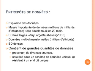 Entrepôts de données :Explosion des donnéesMasse importante de données (millions de milliards d’instances) : elle double tous les 20 mois.BD très larges -VeryLargeDatabases(VLDB)Données multi-dimensionnelles (milliers d’attributs)BD densesContient de grandes quantités de données provenant de diverses sources, sauvées sous un schéma de données unique, et résidant à un endroit unique26