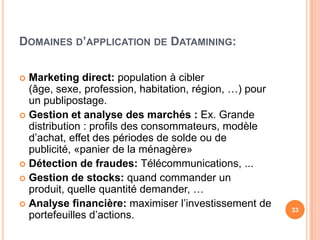 Domaines d’application de Datamining:Marketing direct: population à cibler (âge, sexe, profession, habitation, région, …) pour un publipostage.Gestion et analyse des marchés : Ex. Grande distribution : profils des consommateurs, modèle d’achat, effet des périodes de solde ou de publicité, «panier de la ménagère»Détection de fraudes: Télécommunications, ...Gestion de stocks: quand commander un produit, quelle quantité demander, …Analyse financière: maximiser l’investissement de portefeuilles d’actions.33