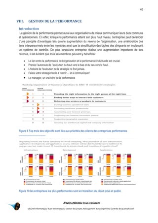 40
AWOUZOUBA Esso-Essinam
Sécurité informatique/ Audit Informatique/ Gestion des projets /Management du Changement/ Contrôle de Qualité/Kaizen
VIII. GESTION DE LA PERFORMANCE
Introduction
La gestion de la performance permet aussi aux organisations de mieux communiquer leurs buts communs
et opérationnels. En effet, lorsque la performance atteint son plus haut niveau, l’entreprise peut bénéficier
d’une panoplie d’avantages tels qu’une augmentation du revenu de l’organisation, une amélioration des
liens interpersonnels entre les membres ainsi que la simplification des tâches des dirigeants en implantant
un système de contrôle. De plus lorsqu'une entreprise réalise une augmentation importante de ses
revenus, il est évident que tous ses membres peuvent y bénéficier.
 Le lien entre la performance de l’organisation et la performance individuelle est crucial.
 Prenez l’autoroute de l’exécution du haut vers le bas et du bas vers le haut.
 L’histoire de l'exécution de la stratégie ne finit jamais.
 Faites votre stratégie facile à retenir ... et à communiquer!
 Le manager, un vrai héro de la performance
Figure 8 Top trois des objectifs sont liés aux priorités des clients des entreprises performantes
Figure 9top three objectives are related to customers priorities of the high performers
Figure 10 les entreprises les plus performantes sont en transition du cloud privé et public
 