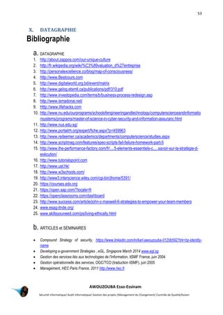 53
AWOUZOUBA Esso-Essinam
Sécurité informatique/ Audit Informatique/ Gestion des projets /Management du Changement/ Contrôle de Qualité/Kaizen
X. DATAGRAPHIE
Bibliographie
a. DATAGRAPHIE
1. http://about.zappos.com/our-unique-culture
2. http://fr.wikipedia.org/wiki/%C3%89valuation_d%27entreprise
3. http://personalexcellence.co/blog/map-of-consciousness/
4. http://www.Bestcours.com
5. http://www.digitalworld.org.bd/event/matrix
6. http://www.gelog.etsmtl.ca/publications/pdf/310.pdf
7. http://www.investopedia.com/terms/b/business-process-redesign.asp
8. http://www.ismadonai.net/
9. Http://www.lifehacks.com
10. http://www.nu.edu/ourprograms/schoolofengineeringandtechnology/computerscienceandinformatio
nsystems/programs/master-of-science-in-cyber-security-and-information-assuranc.html
11. http://www.nus.edu.sg/
12. http://www.portailrh.org/expert/fiche.aspx?p=459963
13. http://www.redeemer.ca/academics/departments/computerscience/studies.aspx
14. http://www.scriptmag.com/features/spec-scripts-fail-failure-homework-part-5
15. http://www.the-performance-factory.com/fr/....5-elements-essentiels-c.....savoir-sur-la-stratégie-d-
exécution/
16. http://www.tutorialspoint.com
17. http://www.ust.hk/
18. http://www.w3schools.com/
19. http://www3.interscience.wiley.com/cgi-bin/jhome/5391/
20. https://courses.edx.org
21. https://open.sap.com/?locale=fr
22. https://openclassrooms.com/dashboard
23. http://www.success.com/article/john-c-maxwell-6-strategies-to-empower-your-team-members
24. www.esag-itnde.org/
25. www.skillsyouneed.com/ps/living-ethically.html
b. ARTICLES et SEMINAIRES
 Compound Strategy of security, https://www.linkedin.com/in/karl-awouzouba-0120b592?trk=hp-identity-
name
 Developing e-government Strategies , eGL, Singapore March 2014 www.egl.sg
 Gestion des services liés aux technologies de l'information, itSMF France, juin 2004
 Gestion opérationnelle des services, OGC/TCO (traduction itSMF), juin 2005
 Management, HEC Paris France, 2011 http://www.hec.fr
 