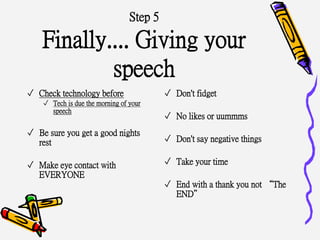 Step 5
Finally.... Giving your
speech
✓ Check technology before
✓ Tech is due the morning of your
speech
✓ Be sure you get a good nights
rest
✓ Make eye contact with
EVERYONE
✓ Don't fidget
✓ No likes or uummms
✓ Don't say negative things
✓ Take your time
✓ End with a thank you not “The
END”
 