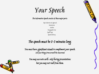 Your Speech
The Informative Speech consists of these major parts:
Topic Selection & Approval
Brainstorm
Outline
Paragraph Form
Typed Copy
Speech Delivery
The speech must be 2-3 minutes long.
You must have significant visuals to compliment your speech.
(not just things from around the classroom)
You may use note cards only during presentations
but you may not read from them.
 