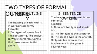 TWO TYPES OF FORMAL
OUTLINE
1.TOPIC OUTLINE

The heading of each level is
in word/phrase form.
Example:
I. Two types of sports fan A.
The spectator B. The analyst
II. Ways sports fan express
their involvement in the
game
2. SENTENCE
OUTLINE
The heading of each level is one
sentence.
Example:
I. There are two types of sports
fan.
A. The first type is the spectator.
B. The second type is the analyst.
II. Sports fan express their
involvement in the game in
several ways.
 