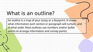 What is an outline?
An outline is a map of your essay or a blueprint. It shows
what information each section or paragraph will contain, and
in what order. Most outlines use numbers and/or bullet
points to arrange information and convey points.
 