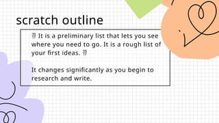scratch outline
 It is a preliminary list that lets you see
where you need to go. It is a rough list of
your first ideas. 
It changes significantly as you begin to
research and write.
 