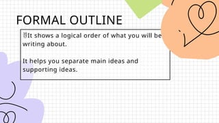 FORMAL OUTLINE
It shows a logical order of what you will be
writing about.
It helps you separate main ideas and
supporting ideas.
 