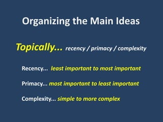 Organizing the Main Ideas
Topically... recency / primacy / complexity
Recency... least important to most important
Primacy... most important to least important
Complexity... simple to more complex
 
