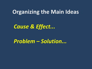 Organizing the Main Ideas
Cause & Effect...
Problem – Solution...
 