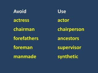 Avoid Use
actress actor
chairman chairperson
forefathers ancestors
foreman supervisor
manmade synthetic
 