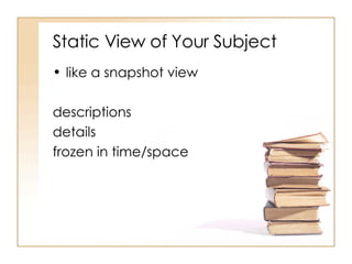 Static View of Your Subject like a snapshot view descriptions details frozen in time/space 