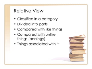 Relative View Classified in a category Divided into parts Compared with like things Compared with unlike things (analogy) Things associated with it 